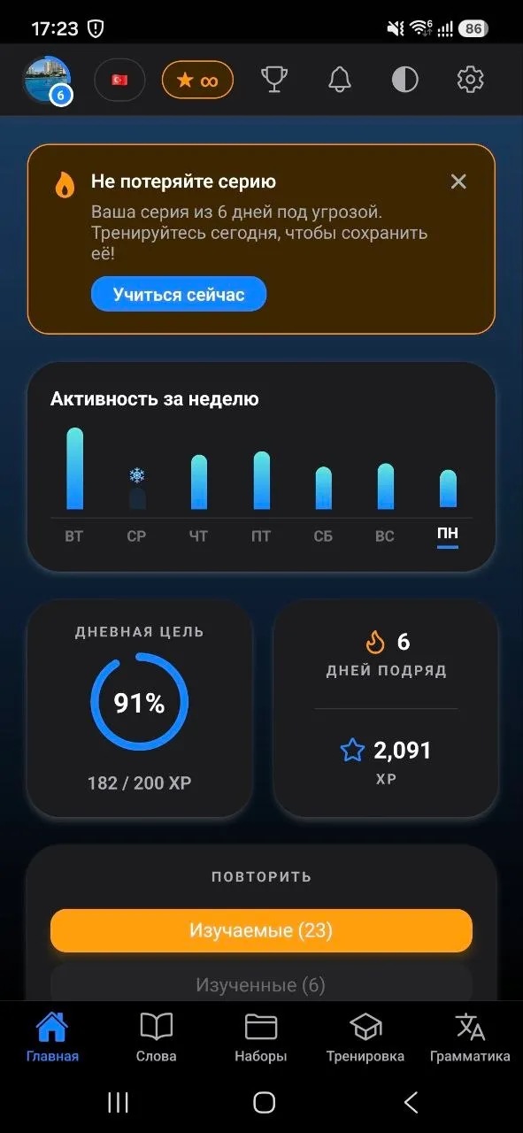 Dashboard — goal, streak, XP, one tap to train